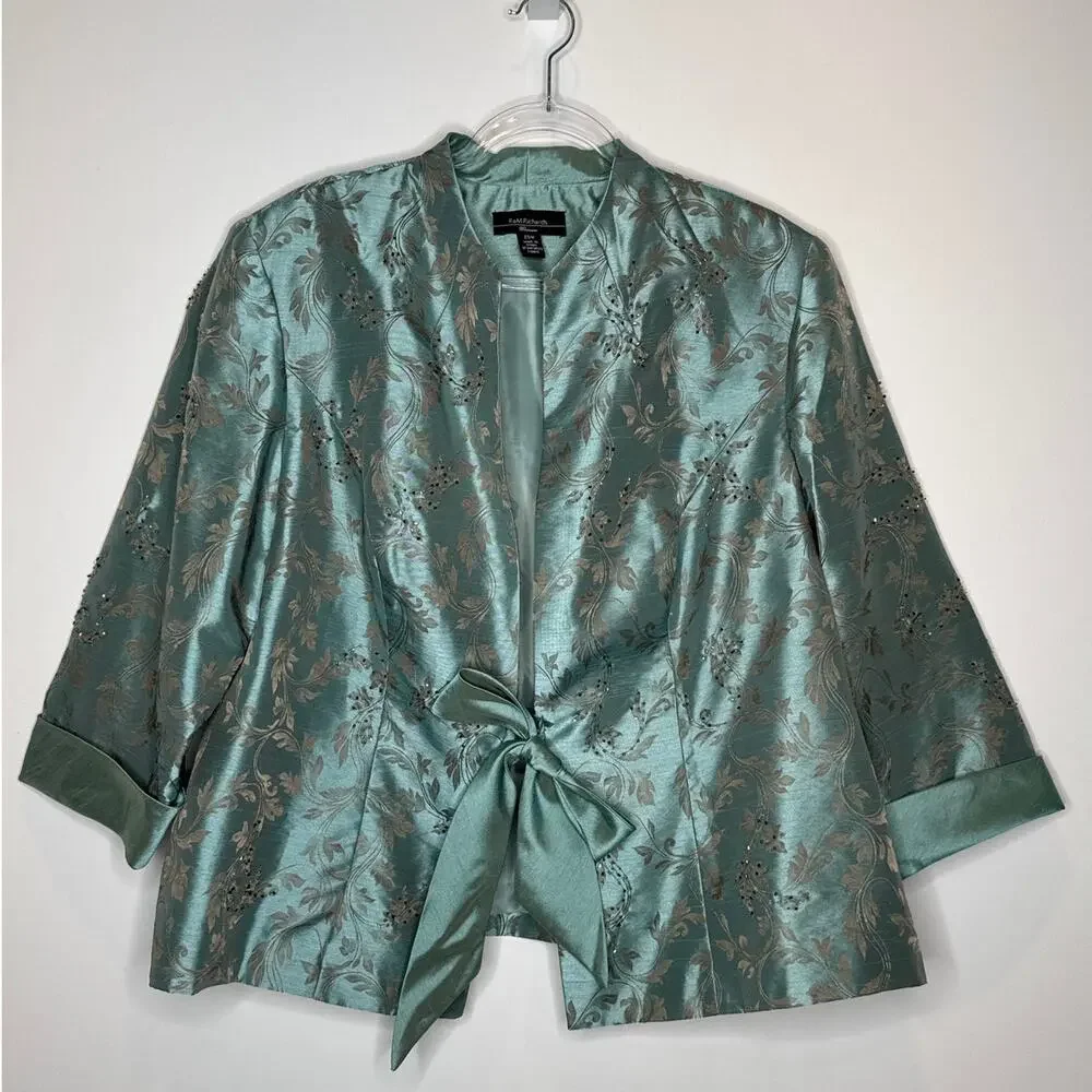 2000s R&M Richards seafoam brocade jacket & satin dress set size 18